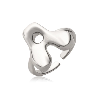 Minimalist silver irregular fluid open ring with smooth metallic finish on white background