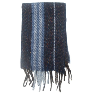 Detail of blue herringbone striped scarf with colorful speckled texture and soft fringe