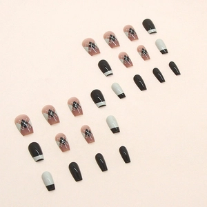 French style press-on nails with grey and pink argyle plaid pattern glossy finish