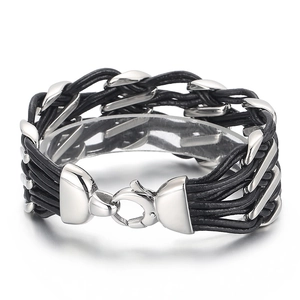 Black woven leather bracelet with stainless steel geometric links and lobster clasp