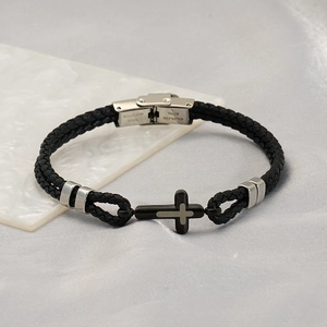 Bracelet ancre homme en cuir tressé noir avec fermoir en acier inoxydable et croix