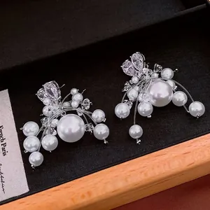 French retro pearl and zircon earrings with silver tassels in a black gift box