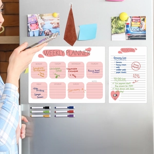 Magnetic weekly planner and to-do list set with six dry erase markers on a fridge surface