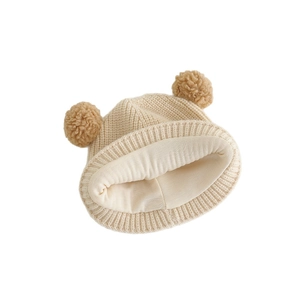 Cute baby knit beanie with pom-poms and bear ears design in beige ribbed soft wool