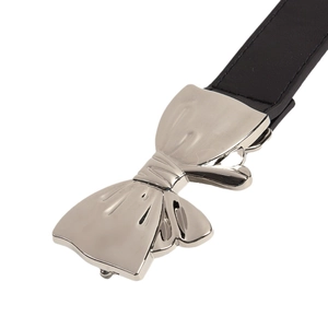 Minimalist black leather belt for women with a vintage silver bow buckle for jeans