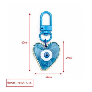 Detailed size specifications for blue heart evil eye keychain with enamel pendant dimensions