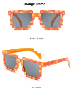 Detail view of pixelated mosaic orange checkered sunglasses in front and side angles