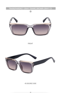 Detail view of transparent gray square sunglasses with brown gradient lenses and top gold bars