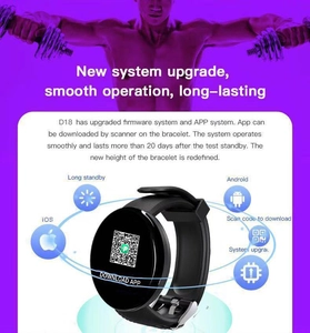 Detail view of D18 smart fitness tracker showing extended battery life and app compatibility