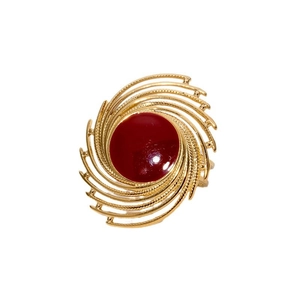 Bague spirale rétro en acier inoxydable doré avec centre en émail rouge vif
