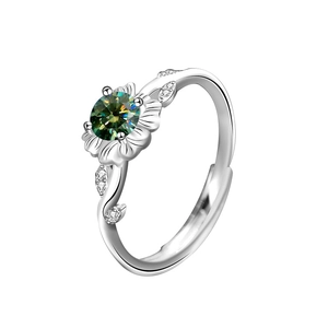 Elegant 925 sterling silver sunflower ring with large green moissanite and leaf accents