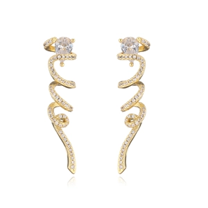 Elegantes pendientes de espiral bañados en oro con piedras de circonita en forma de pera