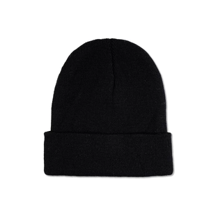 Close-up detail of the black knit beanie fabric texture and classic ribbed cuff design