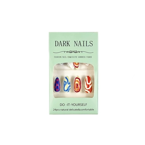 Colorful almond press-on nails with star embossing and stripes, 24-piece set in mint box