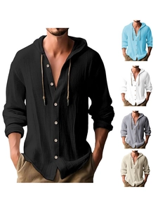 Detailed view of linen hooded shirts in five colors highlighting fabric texture and buttons