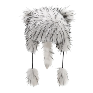 Winter faux fur earmuff hat with raccoon ears and plush pom-poms on long ties