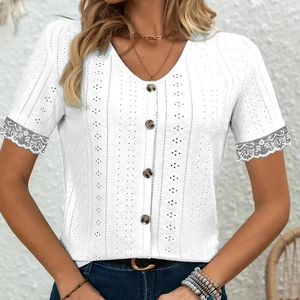 Women's white eyelet lace V-neck button-up short sleeve shirt with intricate floral details