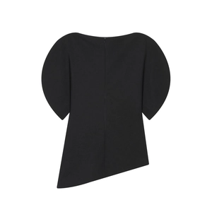 Women's black off-shoulder puff short sleeve top with asymmetrical hem and back zipper
