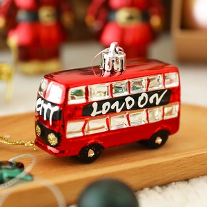 Red metallic London double-decker bus Christmas tree ornament with silver hanging string