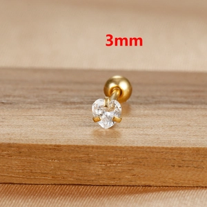 Macro shot of 3mm heart-shaped zircon stud earring with a gold threaded ball back