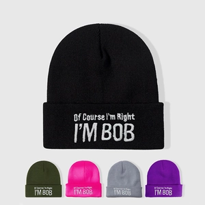 Of Course I'm Right I'M BOB Letter Embroidery Acrylic Beanie Hat Winter Warm Ribbed Knit Skull Cap Casual