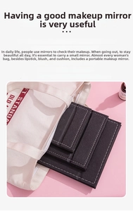 Portable folding travel makeup mirrors in various sizes being put into a tote bag