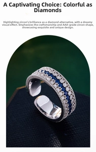 Macro detail of adjustable ring featuring triple-row micro-set blue and white zircons