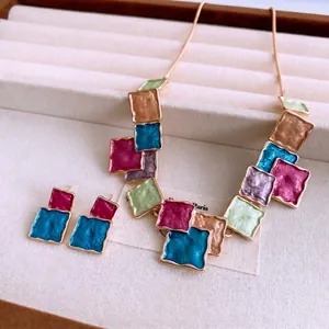 Colorful enamel square pendant necklace and earrings set with vintage gold finish