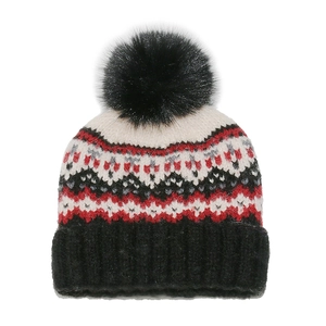 Fair Isle knit beanie with faux fur pom-pom and vintage geometric pattern for winter warmth