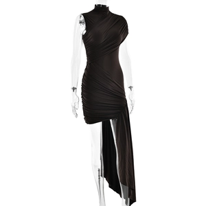 Detail of dark brown sleeveless dress with ruched fabric and asymmetric long trailing hem