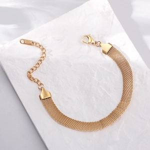 18K gold plated mesh woven chain bracelet with lobster clasp and extension on stone