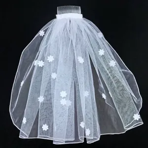 Short white wedding veil with delicate floral appliques and transparent hair comb accessory
