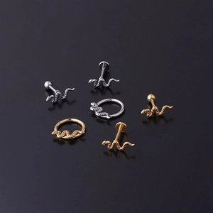 Set of six gold and silver 16G stainless steel snake-shaped piercing jewelry pieces