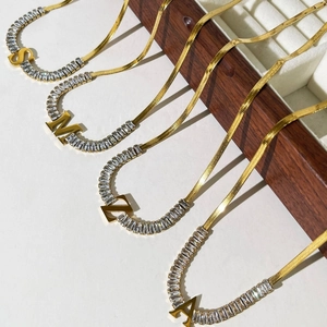 18K gold plated titanium snake chain necklace with zircon and alphabet pendant for women