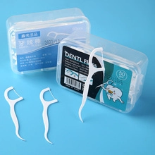 50 pieces dental floss picks in clear plastic storage box with curved handle design