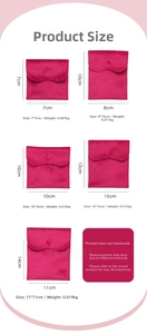 Detailed size comparison of velvet jewelry pouches with snap buttons in five various sizes