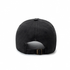 Rear view of washed black cotton baseball cap with adjustable antique bronze metal buckle
