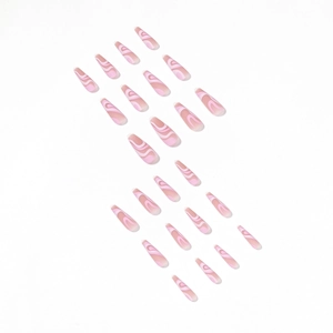Set of 24 pieces long coffin press on nails with pink and white marble pattern design