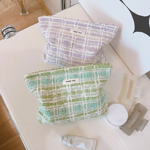 Tweed Plaid Cosmetic Bag French Style Makeup Pouch Zippered Travel Toiletry Storage Organizer Elegant Clutch Women