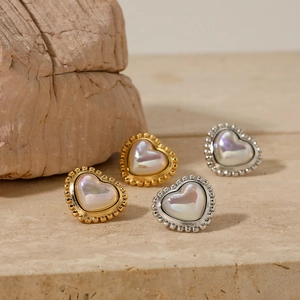 Heart Stud Earrings 316L Stainless Steel Mother Of Artificial Pearl Inlay Beaded Border Vintage French Style Elegant For Women