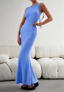 Detailed side view of a blue sleeveless knitted maxi dress showing textured slim-fit design