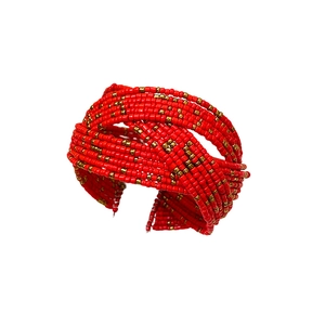 Bracelet manchette multicouche bohème avec perles de verre rouges et dorées tressées