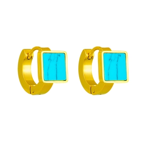 Golden titanium steel hoop earrings with square turquoise stones in a minimalist design