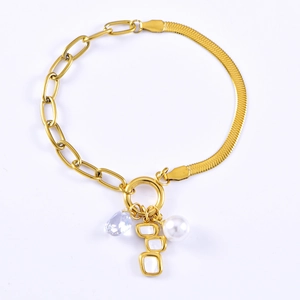 Gold-plated mixed link bracelet with white shell, pearl, and teardrop zircon accents