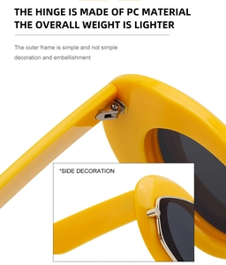 Detail view of durable metal hinges and metallic accents on yellow cat eye sunglasses