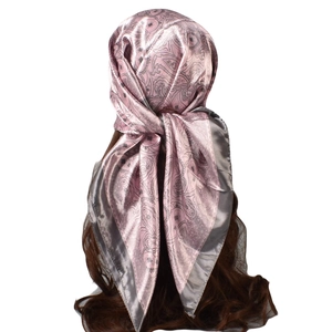 Elegant pink and grey paisley square satin silk scarf for women in a classic wrap style