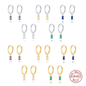 925 Sterling Silver Hoop Earrings Rectangular Colorful Zircon Pendants French Style Minimalist Elegant Jewelry For Women