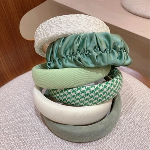 Six-piece set of elegant fabric headbands in green and white stripes and floral lace