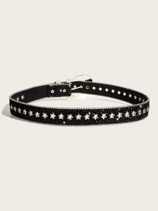 Detail of black glitter belt with silver star-shaped metal buckle and eyelets