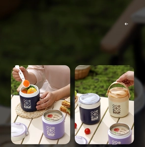 Close-up of portable stainless steel soup cup with handle and built-in folding spoon